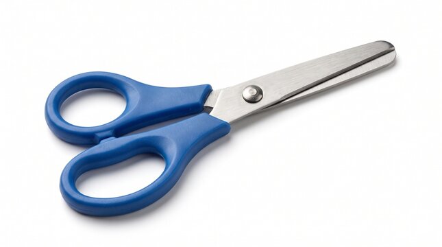 Blue handle safety scissors for school and office stationery supplies on white background for craft and education projects