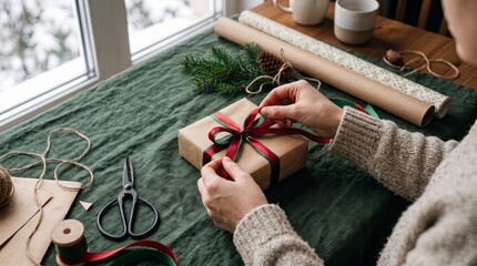 Fototapeta premium A person wraps a gift box with a red ribbon on a green cloth. Concept of holiday celebrations, gift-giving, and festive decorations. Perfect for promoting joyful event experiences. Generative AI.