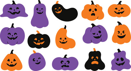 Obraz premium Halloween jack o lantern faces vector set in orange purple and black