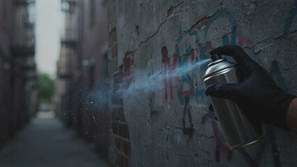 Naklejka premium A person wearing a black glove spraying blue paint onto a weathered urban brick wall.