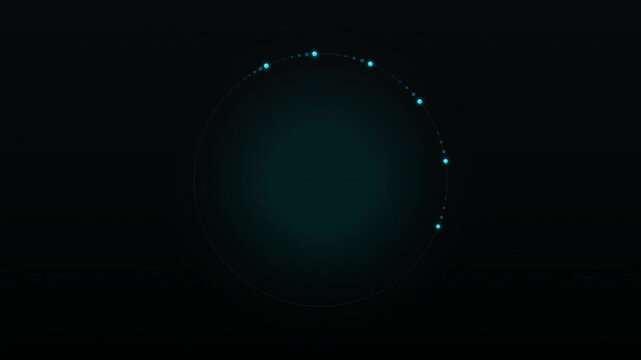 Cyan glowing particles orbiting circular path on dark background for hud interface design.