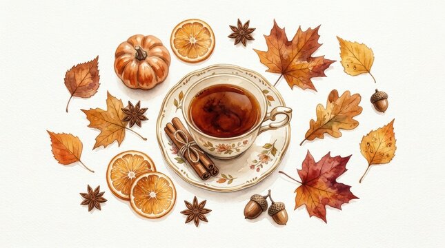 Watercolor autumn composition with tea cup, pumpkin, cinnamon sticks, orange slices, and fall leaves isolated on white background