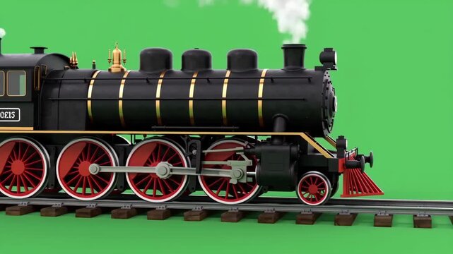 Vintage Steam Locomotive Train Moving on Green Screen Background