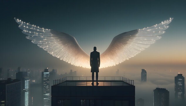 glowing angel wings man standing on skyscraper rooftop city skyline