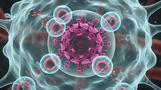 Immune Cells Attacking Virus Particles in Human Vascular System
