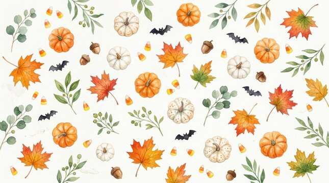Watercolor autumn pattern with pumpkins, maple leaves, bats, acorns, and candy corn isolated on white background