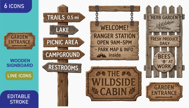 Vector collection of rustic wooden signboards for park, garden, and outdoor areas, featuring directions and information.