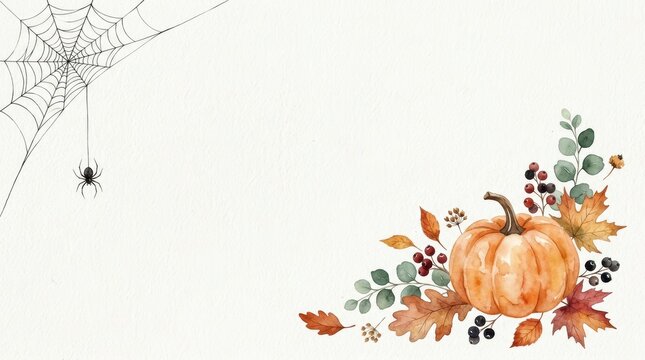 Watercolor autumn composition with pumpkin, fall leaves, berries, and a spider web isolated on white background