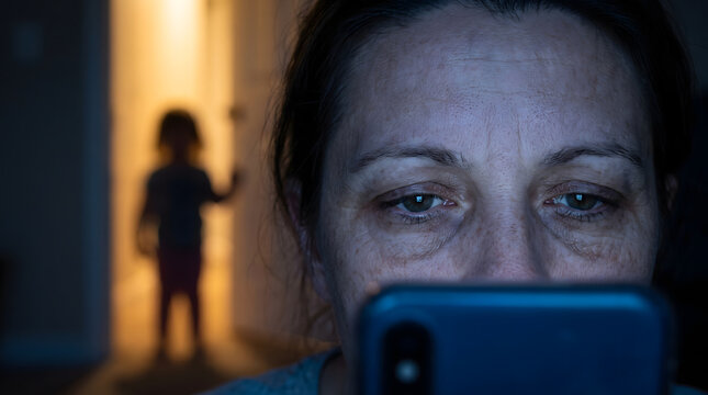 Close up mother eyes looking at phone screen light while blurred toddler stands in doorway feeling exhausted and guilty
