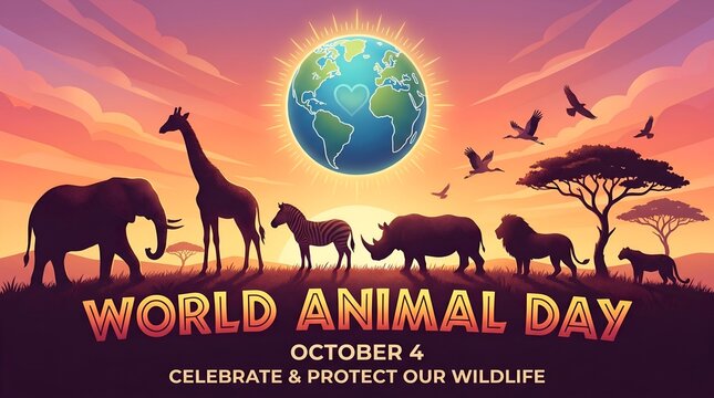 Colorful world animal day celebration poster with wildlife silhouettes and globe illustration at sunset