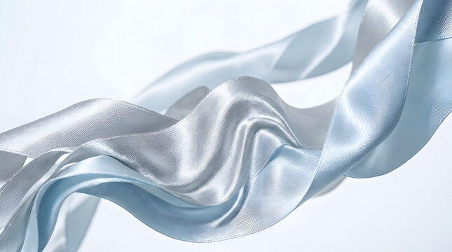 Abstract blue and silver satin ribbon background | Elegant flowing silk fabric texture | Soft pastel blue wavy ribbon design element | Premium decorative textile waves