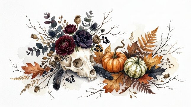 Watercolor illustration of an animal skull decorated with dark autumn flowers, pumpkins, and dried leaves isolated on white background