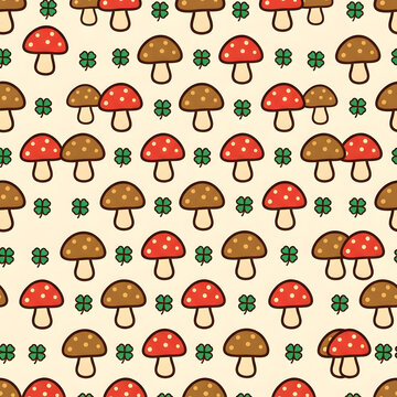 cute mushroom and clover pattern | seamless autumn fungus background | hand drawn forest floor illustration | whimsical woodland nature wallpaper