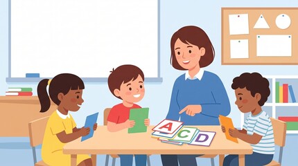 Obraz premium Children Learning Alphabet with Classroom Letter Cards for Back to School