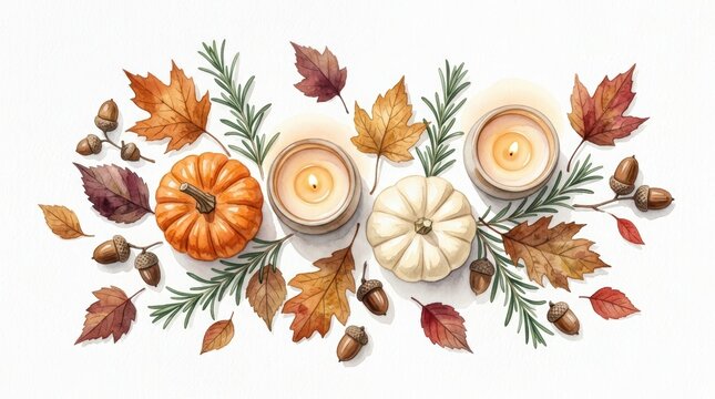 Autumn harvest composition with pumpkins, candles, acorns, and fall leaves isolated on white background