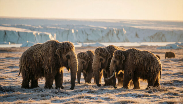 Herd of woolly mammoths on a frozen plain at sunrise