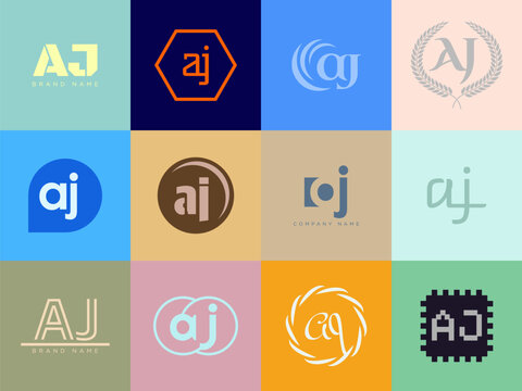 AJ logo company template. Letter a and j logotype. Set different classic serif lettering and modern bold text with design elements. Initial font typography.