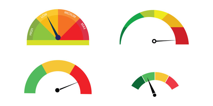 Risk level gauge. Risk Meter Gauge Set.Speedometer icon with arrow. Meter for dashboard with green, yellow, red etc indicators. Gauge of tachometer. Low, medium, high and risk levels. Scale score of s
