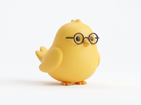 Cute yellow chick bird wearing round black glasses standing as a friendly 3d character for children education