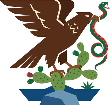Beautiful traditional Mexican national coat of arms emblem featuring a powerful brown eagle perched on a green prickly pear cactus devouring a snake representing a cultural heritage.