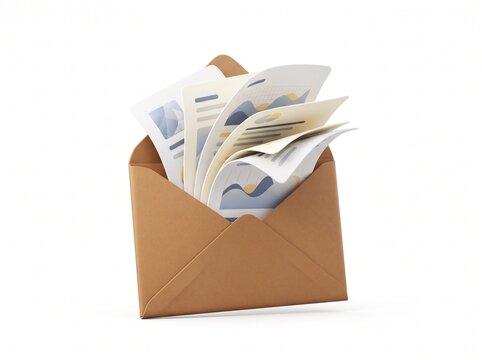 Open brown paper envelope filled with business documents and financial growth charts for professional work tasks