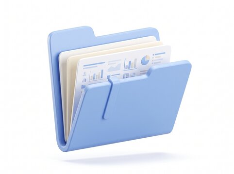 A light blue office document folder containing papers with business charts and graphs for data management