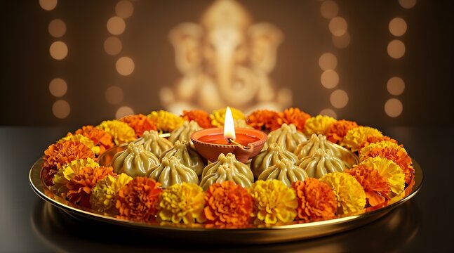 Festive thali with modaks marigold flowers and diya lamp for Ganesh Chaturthi celebration.