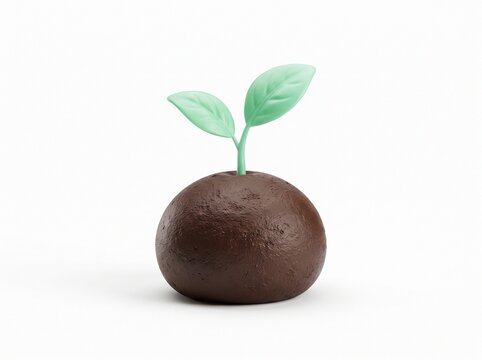 Small green plant seedling growing out of a round brown soil ball representing nature and ecology growth