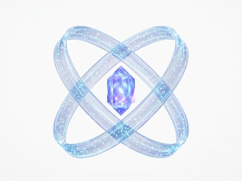 Abstract purple crystal stone inside a glowing silver orbital ring symbol for magical fantasy game design