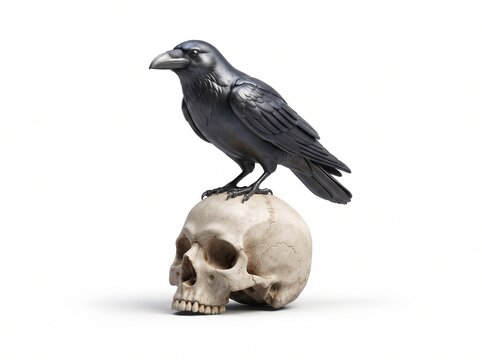 A black raven bird standing on top of a human skull representing mystery death and dark gothic atmosphere
