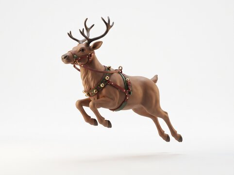 A magical brown reindeer wearing a festive leather harness with golden bells jumping through the cold air