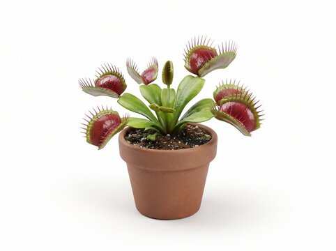 A small green and red venus flytrap carnivorous plant growing in a simple brown ceramic clay flower pot