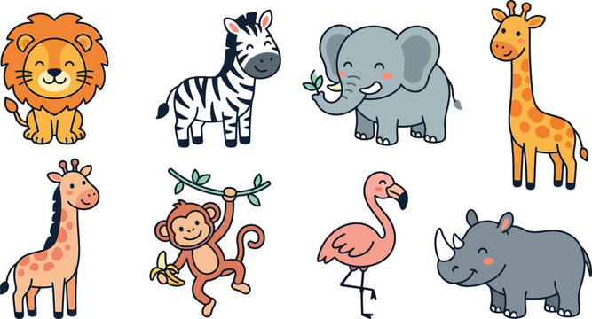 Cute cartoon wild animals set including lion zebra elephant giraffe monkey flamingo and rhino as isolated vector icons