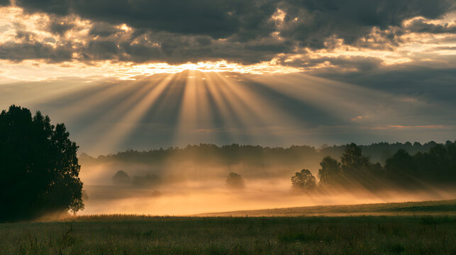 Dramatic sunrise over misty fields, with sunbeams piercing through the clouds.