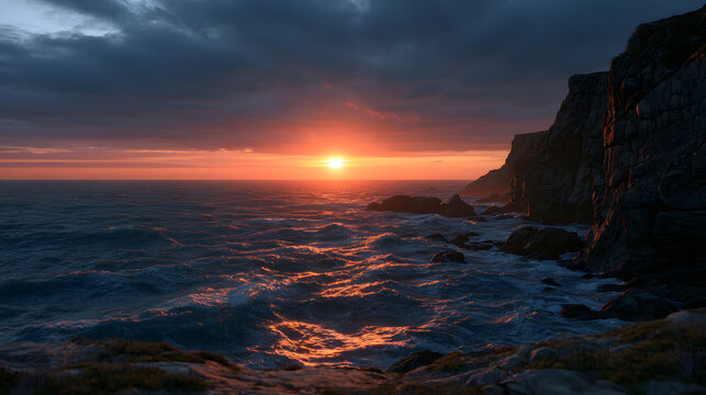 Stunning sunset over rugged cliffs, reflecting vibrant colors on the ocean waves.