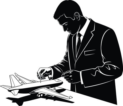 Engineer inspecting airplane model silhouette with engineer airplane silhouette aerospace