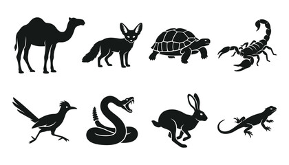 Obraz premium Desert Animals Silhouette Vector Set with Camel Fennec Fox Tortoise Scorpion Roadrunner Rattlesnake Jackrabbit and Lizard Wild Wildlife Illustrations
