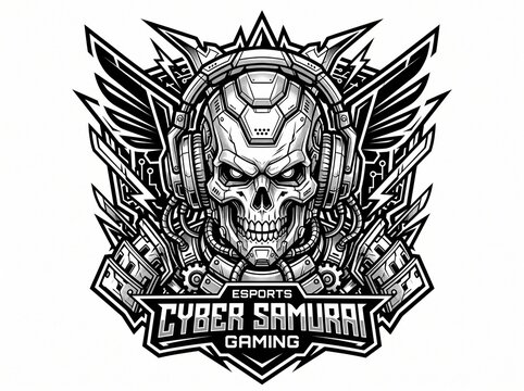 Cybernetic skull mascot logo design for esports gaming team featuring headphones and futuristic armor elements.