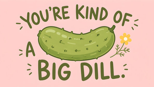 Cute pickle illustration with a small flower, featuring the pun text youre kind of a big dill, ideal for funny and supportive greeting cards