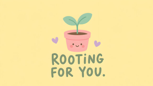 Cute potted plant seedling illustration with hearts, featuring the pun text rooting for you, perfect for encouragement, support, and friendship greeting cards