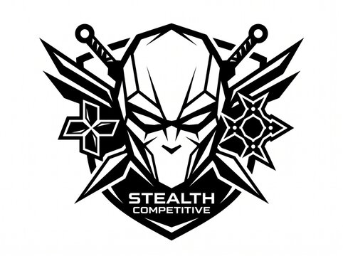 Black and white mascot logo design featuring a ninja warrior character with swords.