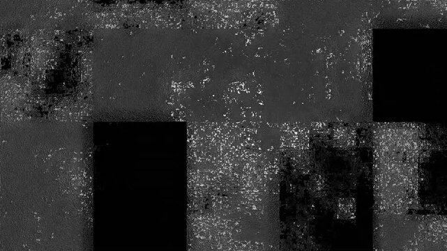 Abstract dark monochrome geometric square background. Grunge noise textured block pattern motion. Modern dark gray mosaic panel backdrop.