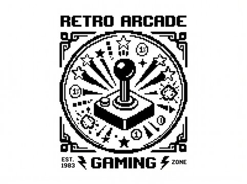 Retro arcade gaming zone logo design with pixel art joystick and stars.