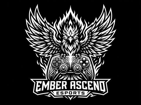 Black and white esports logo featuring a phoenix bird holding a gaming controller.