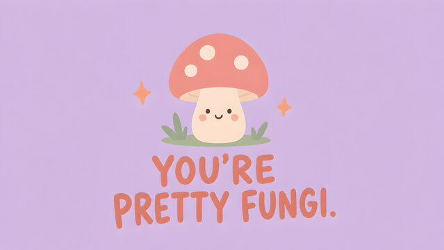 Cute mushroom illustration with sparkles and text youre pretty fungi, funny pun motivational quote for greeting cards, social media, or stationery design
