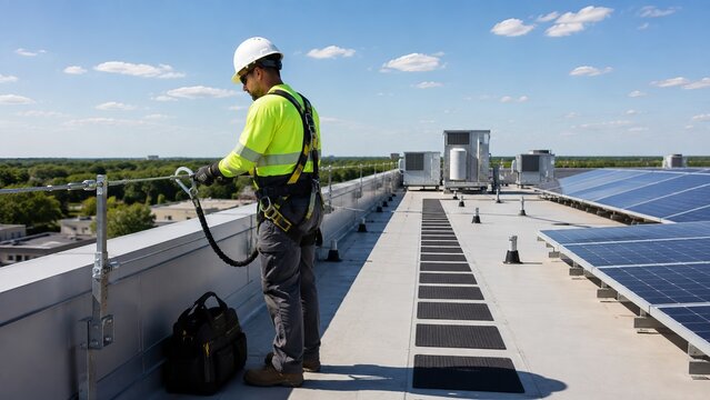 Roof worker using horizontal lifeline during solar panel maintenance