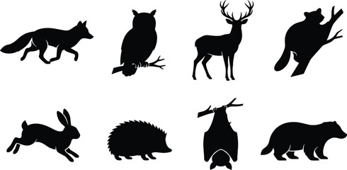 Fototapeta premium Woodland and forest wild animals silhouettes vector illustration set with fox owl deer raccoon rabbit hedgehog bat and badger