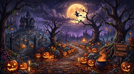Fototapeta premium Cute halloween pumpkin and candy background with autumn festive decoration, generative ai
