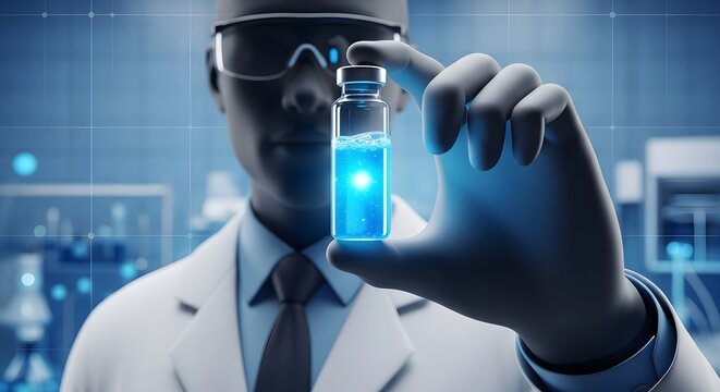 A researcher in a lab coat holds a glowing blue vial, representing innovative breakthroughs in biotechnology and medical science.