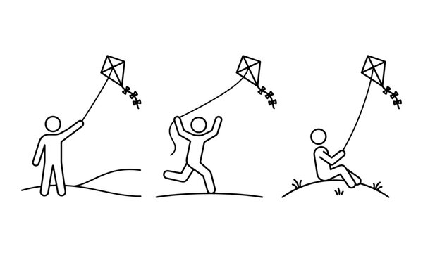 Stick figure people flying kites in different poses as a simple black and white line art vector illustration